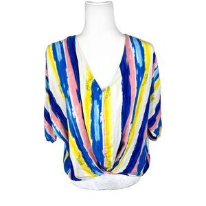 Umgee Blouse Women Medium Blue Striped Cropped Short Sleeve V-Neck Top